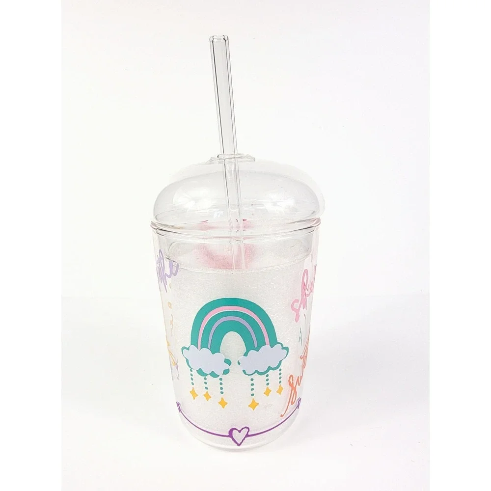 16 oz Dome Glass Tumbler w/ Straw Rainbow Love Believe Pink Moon Vinyl Decorated